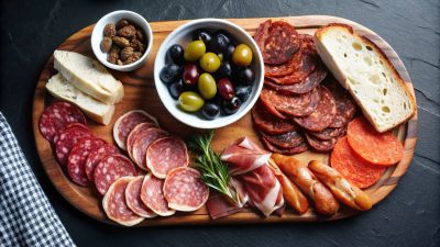 A wooden board with various cured meats, olives, bread, and rosemary. Productos cárnicos